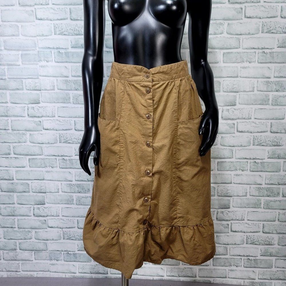Vintage 60s 70s Two Potatoes CA Womens S Tan Cotton Button Front Festival Skirt